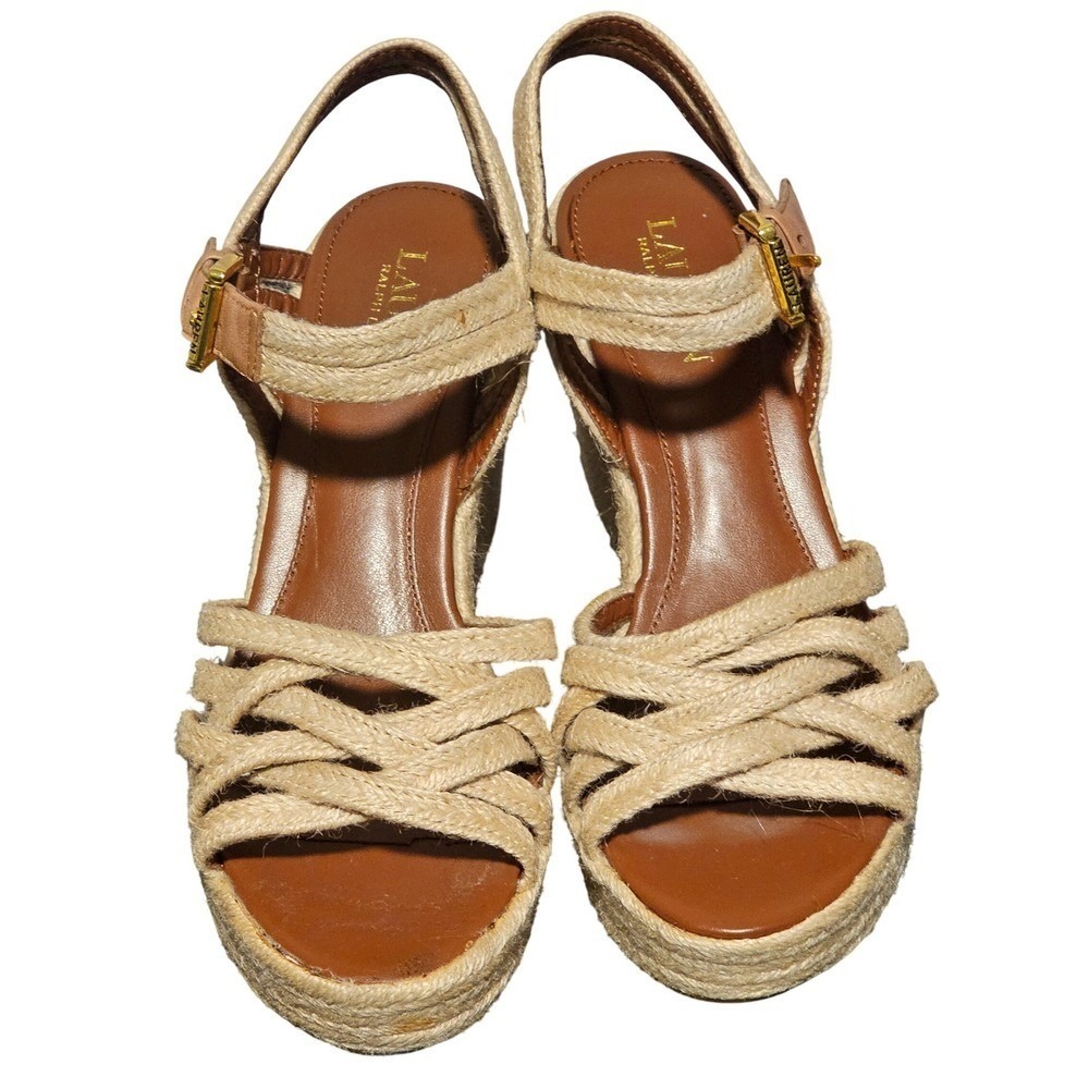 Lauren Ralph Lauren Henna Tan Leather Strappy Espadrille Wedge Sandals 8.5M NIB‎